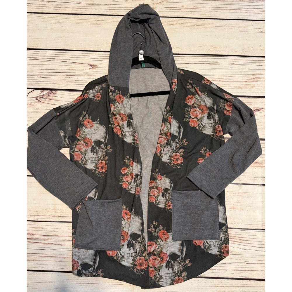 Poliana Plus Skull Rose Floral Hooded Open Front Cardigan Grey 3X Gothic Edgy